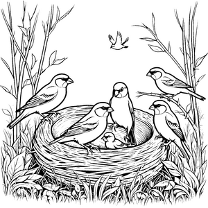Bezaubernde Vögel im wohligem Nest Malvorlage für sprechende Naturfreunde