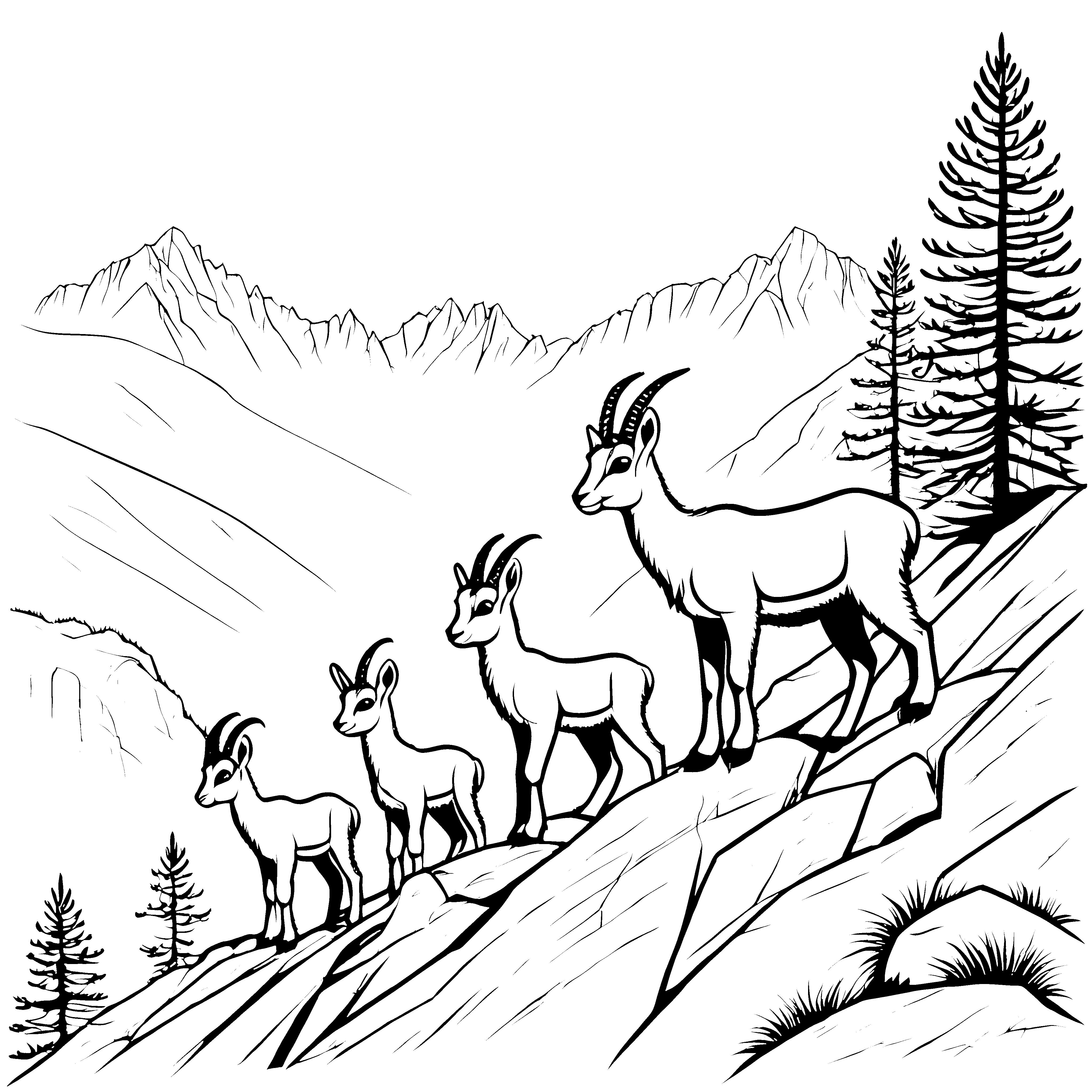 Verspielte Steinbock-Babys auf der Felsenlandung Ausmalbild für abenteuerlustige Entdecker