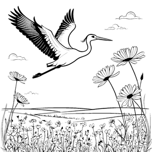 Fliegender Storch über bunten Blumenwiesen Ausmalmotiv für junge Naturfreunde