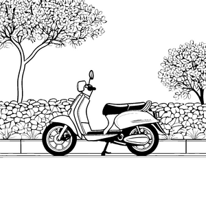 Stylisches Moped in grüner Landschaft Ausmalvorlage für junge Abenteurer