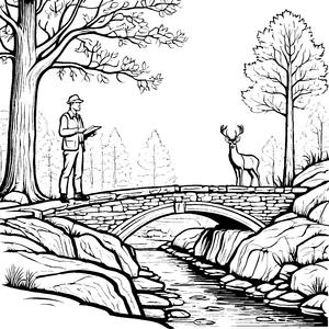 Faszinierender Förster auf malerischer Brücke Ausmalbild für naturverbundene Künstler