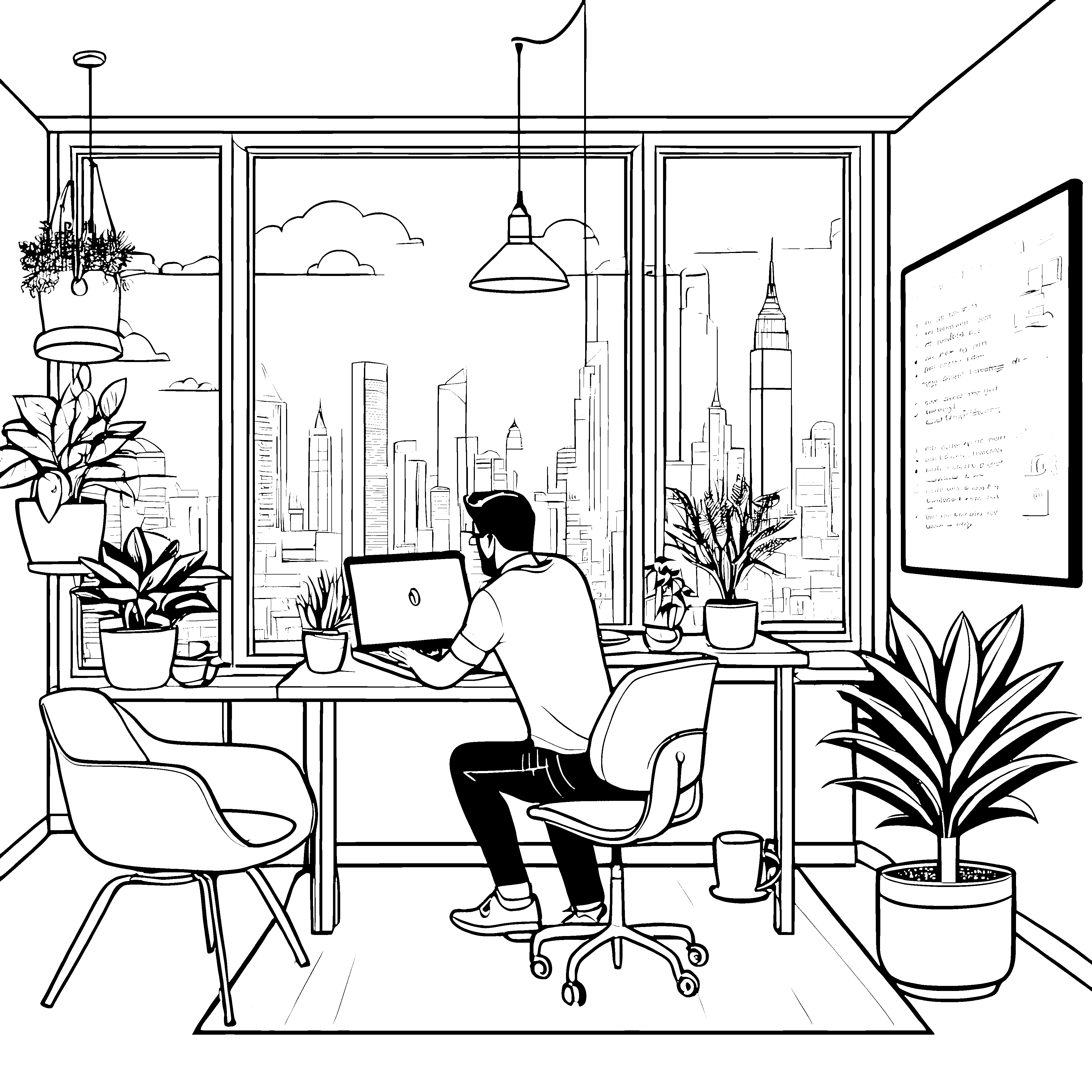 Produktiver Softwareentwickler in stylischem Homeoffice Ausmalbild für kreative Köpfe