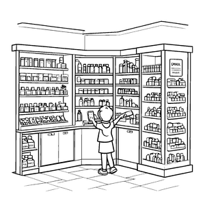 Bunte Apotheke mit geprüften Heilmitteln Ausmalvorlage für wissbegierige Entdecker