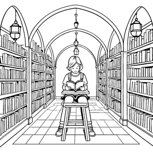 Fantasievolle Lesestunde in der magischen Bibliothek Ausmalvorlage für wissbegierige Entdecker