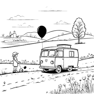 Charmanter Wohnwagen im malerischen Landschaftsbild Ausmalvorlage für junge Abenteurer