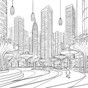 Futuristische Stadtlandschaft mit schwebenden Pflanzen Ausmalbild für neugierige Architekten