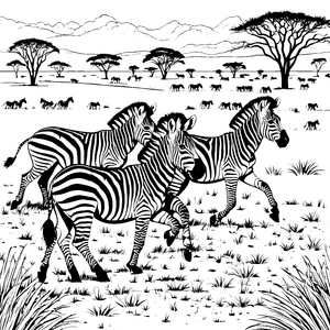 Spritzende Zebra-Jungtiere auf der Savanne Ausmalmotiv für neugierige Tierfreunde