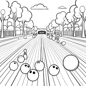 Bunte Bowlingkugeln rollen fröhlich die Bahn hinunter Ausmalbild für kleine Spielhaushelden
