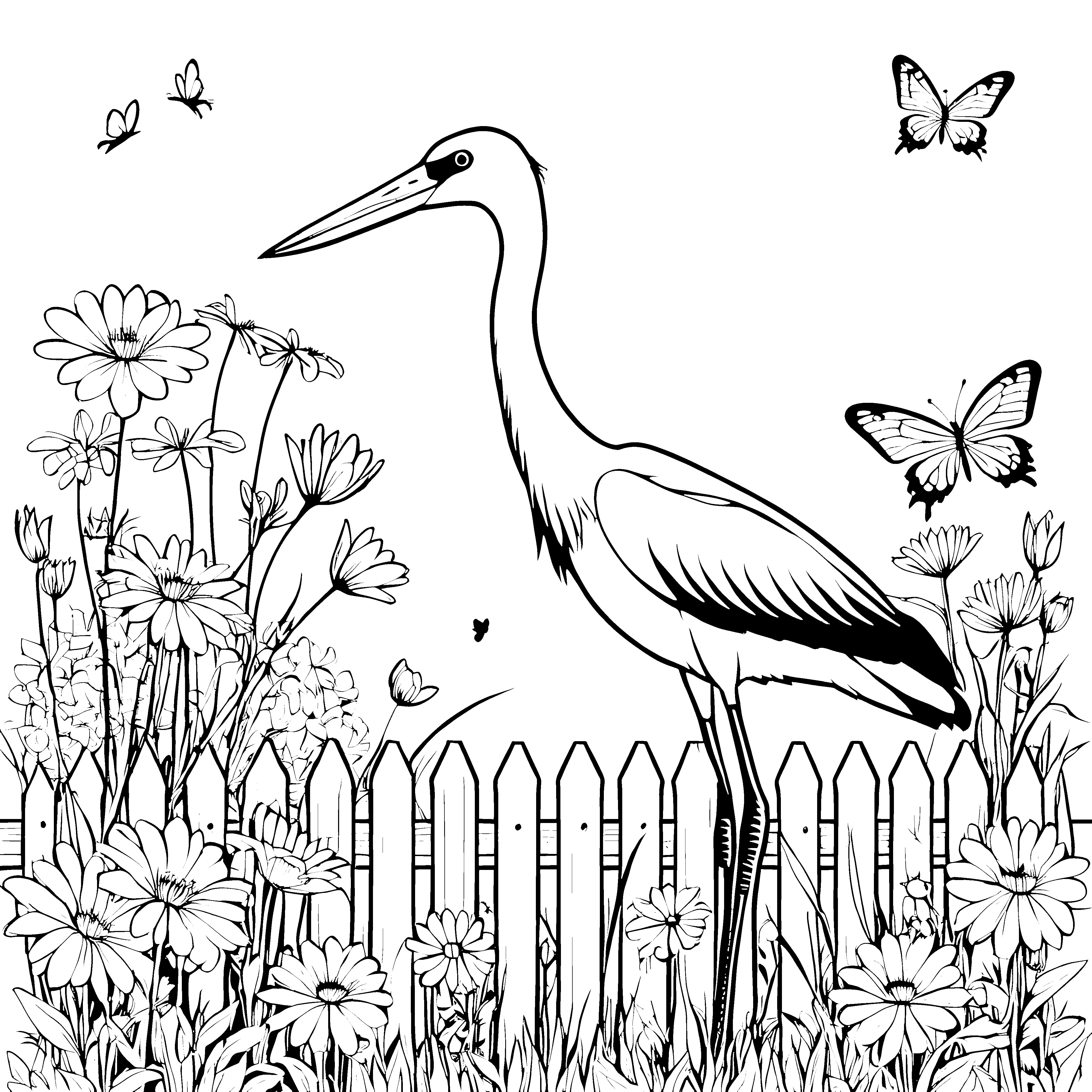 Storch im bunten Blumenfeld Ausmalvorlage für kleine Naturentdecker