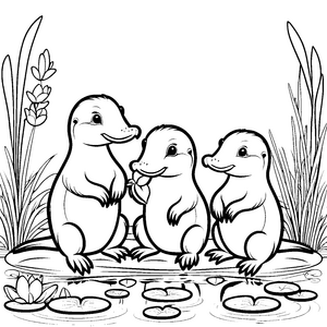 Süße Schnabeltier-Babys beim Spielen am Teich Ausmalvorlage für neugierige Naturentdecker