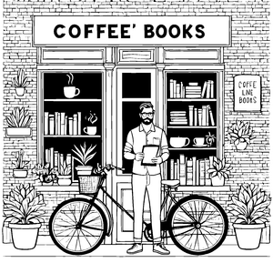 Kreativer Barista vor der Bücherwand Ausmalbild für stilbewusste Lesefreunde