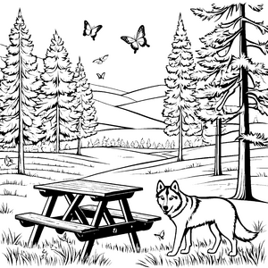 Verspielter Husky im blühenden Wald Ausmalbild für abenteuerlustige Naturfreunde