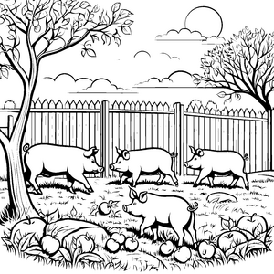 Spielende Schweine entdecken saftige Äpfel Ausmalvorlage für neugierige Bauernhoffreunde