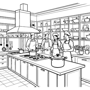 Chefs bei der kreativen Kochkunst Ausmalvorlage für hungrige Entdecker
