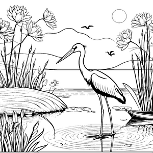 Stolzer Storch im blühenden Wasserbereich Ausmalvorlage für kleine Naturentdecker