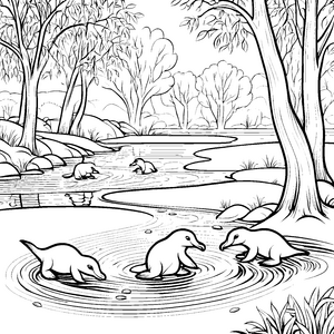 Niedliche Schnabeltier-Babys im sprudelnden Wasser Ausmalbild für kreative Naturfreunde