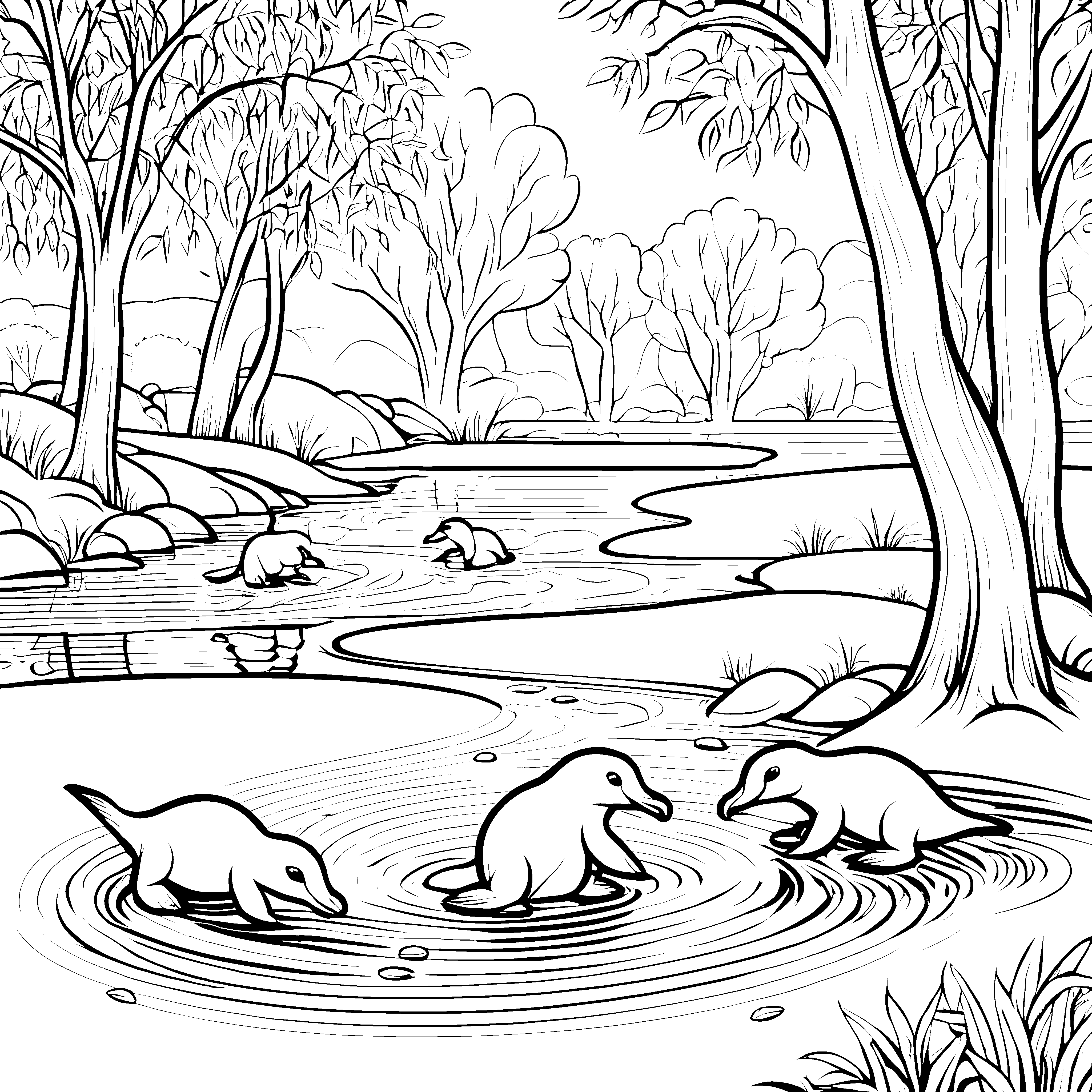Niedliche Schnabeltier-Babys im sprudelnden Wasser Ausmalbild für kreative Naturfreunde