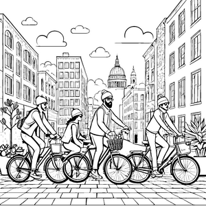 Stylische Fahrradfahrer in der urbanen Landschaft Malvorlage für kreative Stadtentdecker