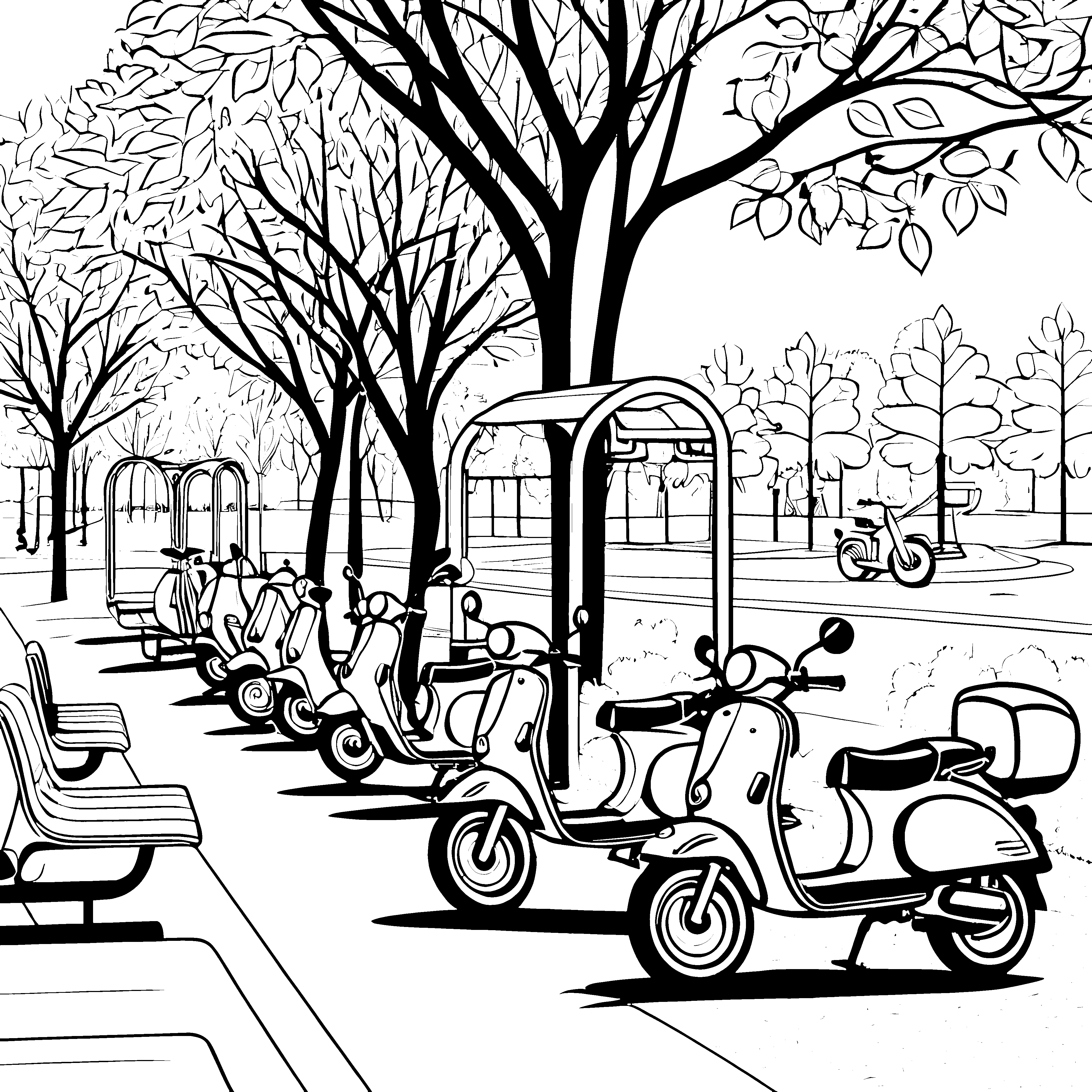 Futuristische Mopeds im Park Ausmalbild für kreative Straßenkünstler