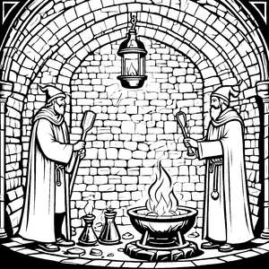 Geheimnisvolle Alchemisten bei magischem Zauber Ausmalvorlage für fantasievolle Wissenschaftler