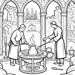Magische Alchemisten bei spritziger Elixier-Herstellung Ausmalvorlage für neugierige Entdecker