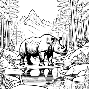 Majestätisches Wollnashorn am glitzernden Wasser Ausmalvorlage für abenteuerlustige Entdecker