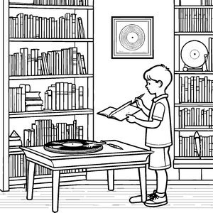 Bezaubernder Plattenspieler mit Buch und Notizen Malvorlage für kleine Musikliebhaber