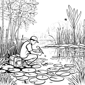 Entdeckungsreise am Teich mit faszinierenden Lilien Ausmalbild für neugierige Naturforscher