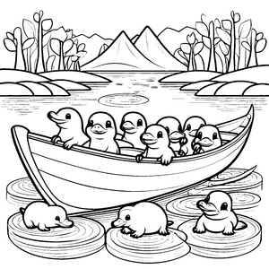 Süße Schnabeltier-Babys auf großer Bootstour Ausmalmotiv für kleine Naturentdecker
