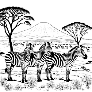 Drei charmante Zebras in der afrikanischen Savanne Ausmalbild für abenteuerliche Entdecker