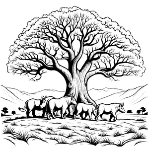 Beeindruckende Wollnashörner unter einem großen Baum Ausmalbild für junge Naturforscher