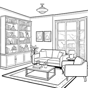 Stylisches Wohnzimmer mit gemütlichem Ambiente Ausmalbild für kreative Wohnbesetzer