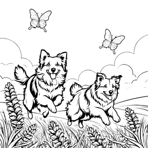 Zwei fröhliche Australian Shepherds im blühenden Gras Ausmalbild für neugierige Tierliebhaber