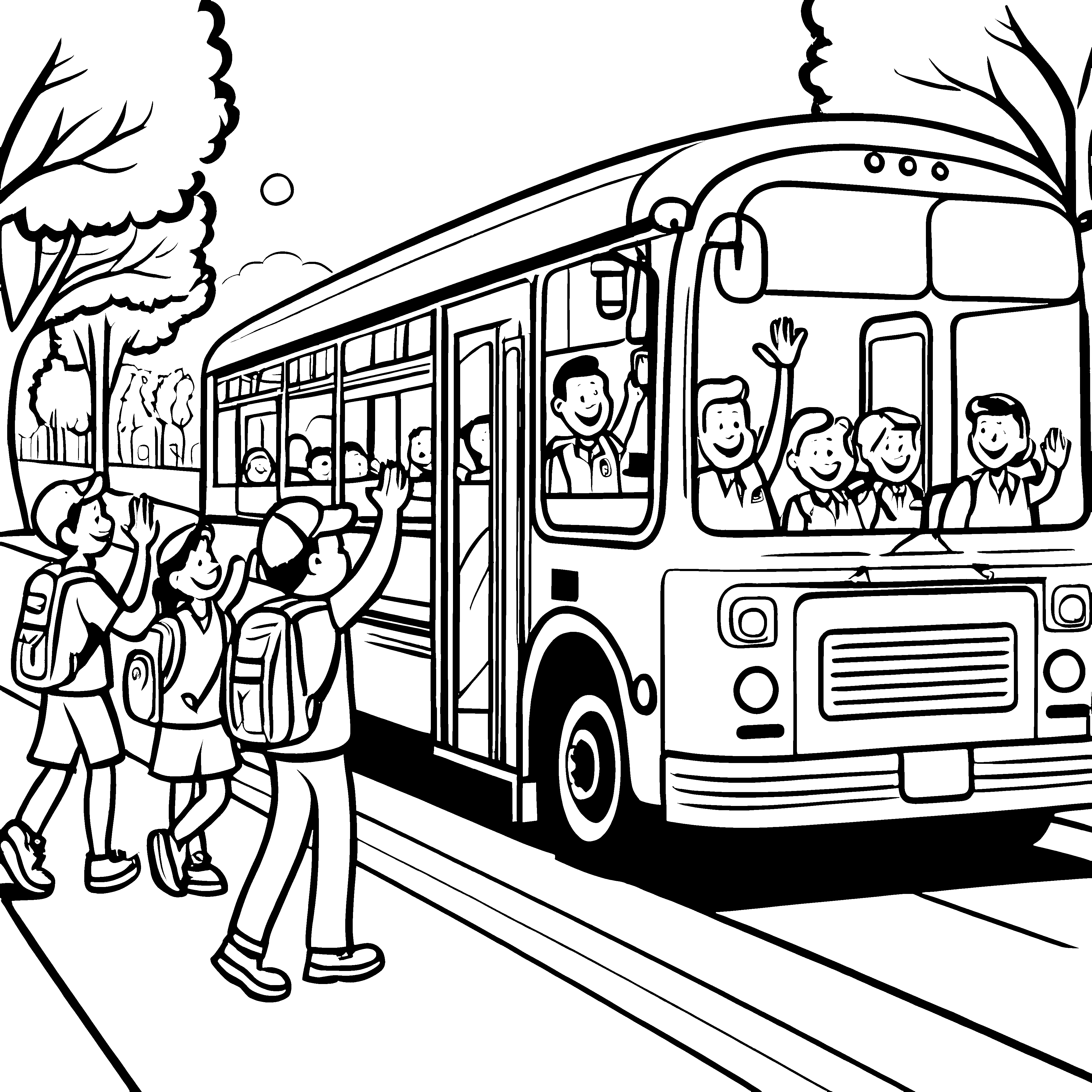 Fröhlicher Busfahrer mit fröhlichen Passagieren Ausmalmotiv für neugierige Entdecker