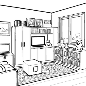 Kreativer TV-Schrank im bunten Wohnzimmer Ausmalbild für fantasievolle Entdecker