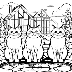 Grimmige Katzen am Teichrand Ausmalvorlage für neugierige Tierfreunde