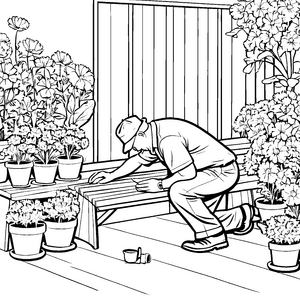 Gartenliebhaber pflegt seine blühenden Pflanzen Ausmalvorlage für kreative Naturfreunde