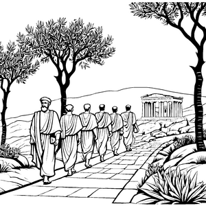 Nachdenkliche Philosophen auf dem Weg zum Tempel Ausmalbild für weise Entdecker