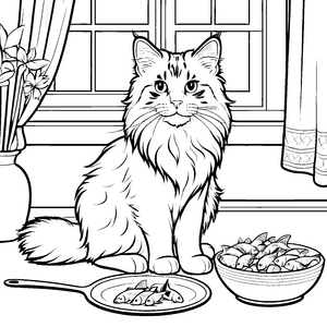 Schmusekatze genießt frische Fische Ausmalvorlage für hungrige Tierfreunde