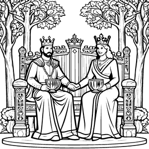 Majestätisches Königspaar auf dem Thron Ausmalbild für fantasievolle Könige und Königinnen