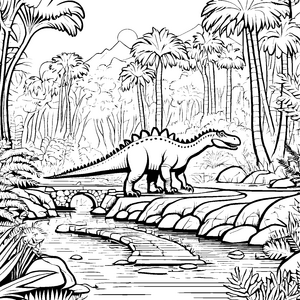 Majestätischer Spinosaurus beim erfrischenden Wasserlauf Ausmalbild für junge Dino-Entdecker