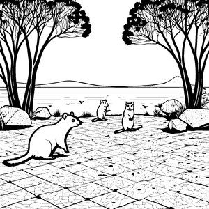 Verspielte Quokkas auf der sonnigen Wiese Ausmalbild für abenteuerliche Naturentdecker