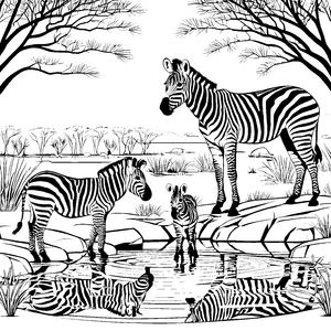 Schauende Zebras am glitzernden Wasser Malvorlage für lustige Tierfreunde