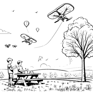 Spannende Drohnenaction im Park Ausmalvorlage für neugierige Flugfreunde