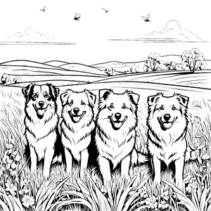 Vier lächelnde Australian Shepherds im blühenden Gras Ausmalbild für neugierige Hundeliebhaber