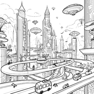 Futuristische Mega-Stadt mit schwebenden Verkehrsmitteln Ausmalvorlage für neugierige Science-Fiction-Fans