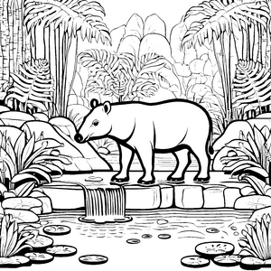 Erlebnisreicher Tapir am sprudelnden Wasserfall Ausmalbild für kleine Naturforscher