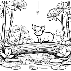 Hüpfendes Hängebauchschwein auf bunter Holzbrücke Ausmalvorlage für fröhliche Naturentdecker