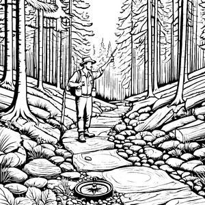 Abenteuerlicher Förster auf geheimnisvollem Waldweg Ausmalbild für neugierige Naturentdecker