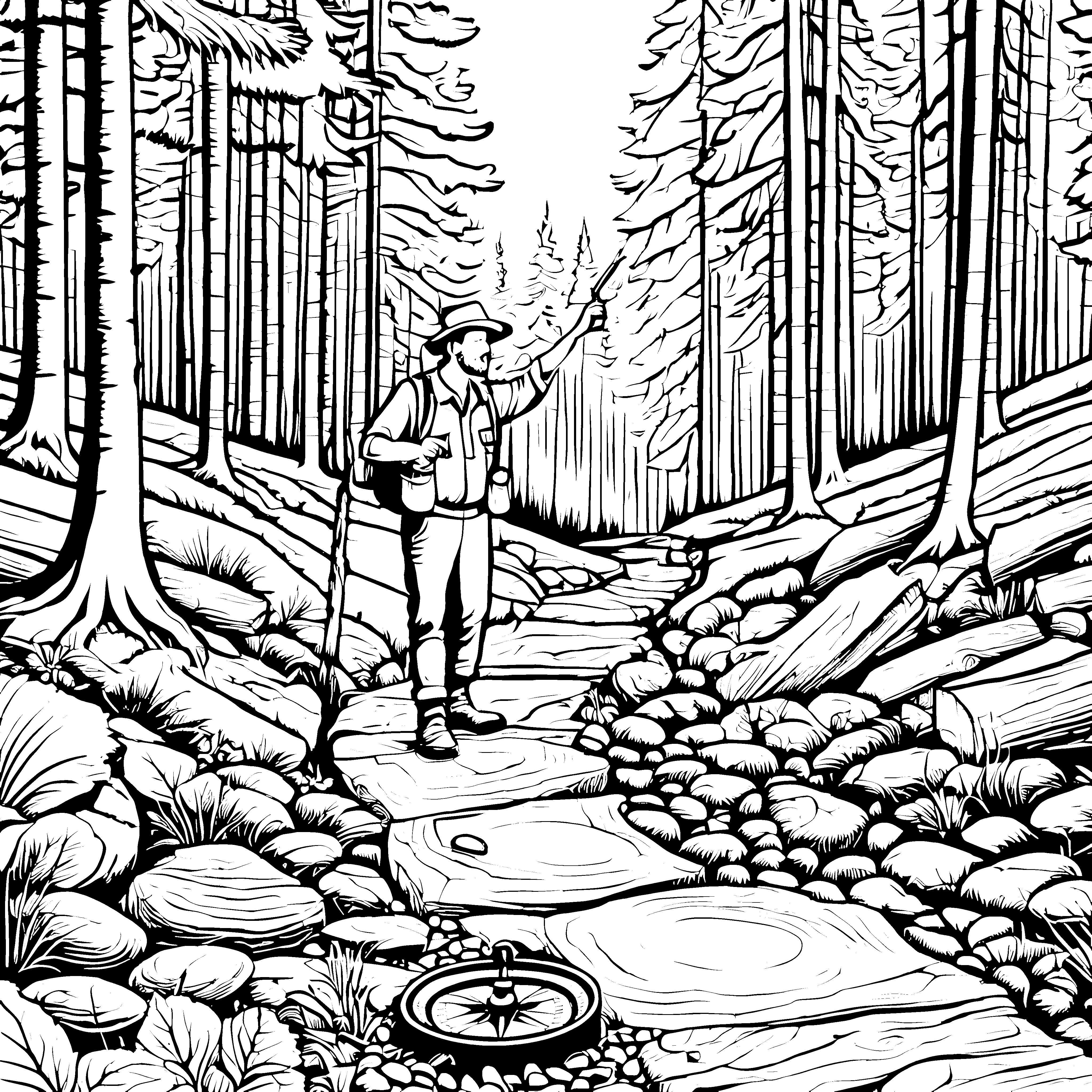 Abenteuerlicher Förster auf geheimnisvollem Waldweg Ausmalbild für neugierige Naturentdecker